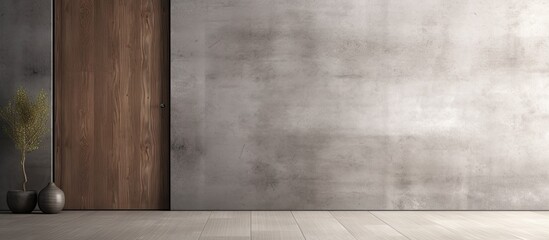 An empty room with a concrete wall painted in grey tints, featuring a rectangular hardwood flooring. The wooden door is stained in a brown shade