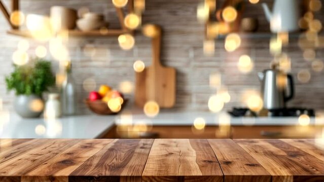 Beautiful empty wooden table top and modern kitchen interior background bokeh and blurred lamp light