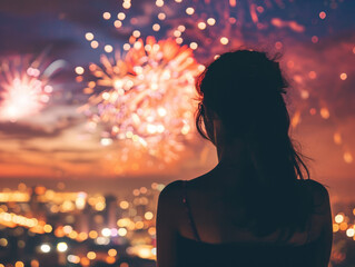 Silhouette of a Woman Watching Fireworks in the City