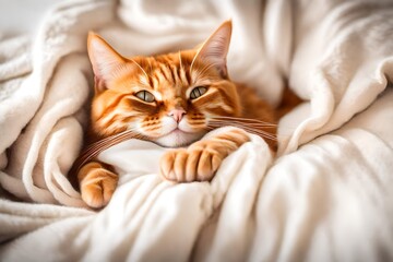 Ginger cat sleeps on his back on a soft white blanket, cozy home and vacation concept, cute red or...