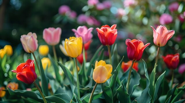 Colorful tulips flowers blooming in a garden ,Generative ai, 