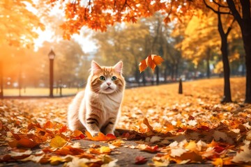 Happy cat play with autumn leaves in public park wallpaper background