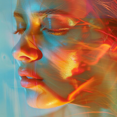 Colorful abstract shapes, technology, digital revolution and traditional influences merge in a modern art gallery