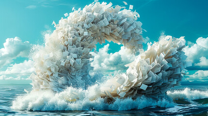 A dynamic 3D illustration of a wave made of countless sheets of paper, each bearing crucial tech breakthroughs, crashing onto the shores of a digital island - obrazy, fototapety, plakaty
