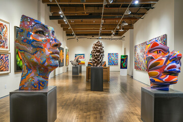 A contemporary art gallery showcasing striking sculptures and vibrant abstract paintings. - obrazy, fototapety, plakaty