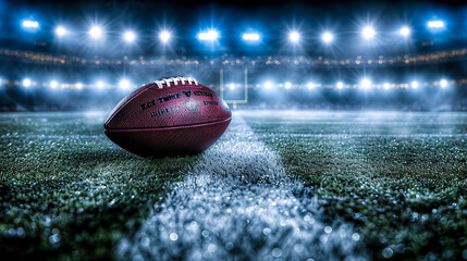 A football lying on the 50-yard line under stadium lights, symbolizing the quiet before the storm of an NFL showdown, emphasizing the anticipation without needing a human element - obrazy, fototapety, plakaty