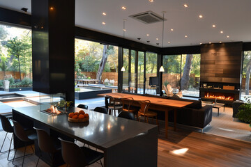 Beautiful open plan matte black kitchen and dining area with fireplace