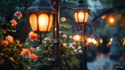 Street lighting of lanterns in park flowers ,Generative ai, Generative,Ai - obrazy, fototapety, plakaty