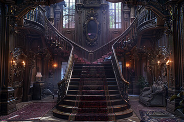 A grand staircase with ornate railings leading up to a majestic mezzanine level. - obrazy, fototapety, plakaty