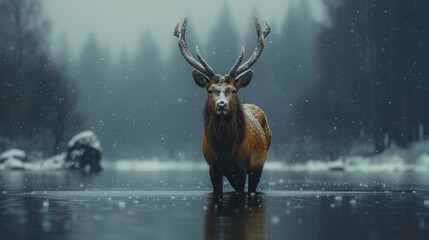 A reindeer, Capture the essence of wildlife in its purest form, amidst the elements of fog, rain, and snow. - obrazy, fototapety, plakaty