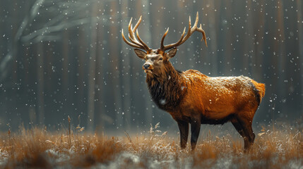 A reindeer, Capture the essence of wildlife in its purest form, amidst the elements of fog, rain, and snow. - obrazy, fototapety, plakaty