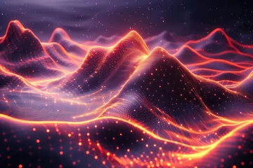 Fotobehang Big data. An abstract digital mountain range landscape with sparkling light dots. Futuristic low poly wireframe artwork. © UniqueGallery