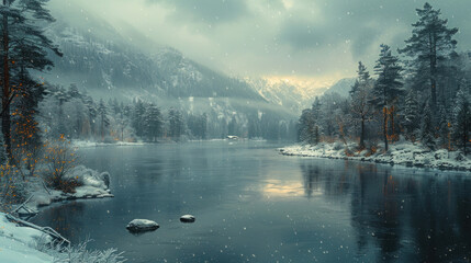 Discover the enchanting atmosphere created by misty fog, gentle raindrops, and sparkling snow. - obrazy, fototapety, plakaty