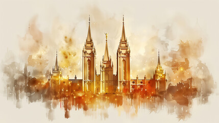 Watercolor illustration of a mormon temple. Painting of the Latter Day Saint church. 