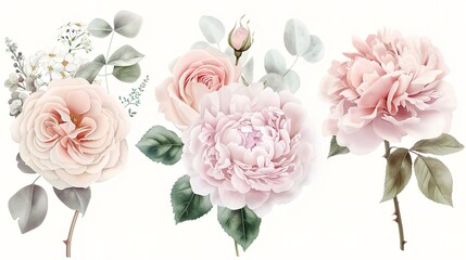 Dusty pink and cream rose, peony, hydrangea flower, tropical leaves vector garland wedding bouquet.Eucalyptus, greenery.Floral pastel .Spring bouquet.Elements are isolated and editable ,Generative ai, - obrazy, fototapety, plakaty
