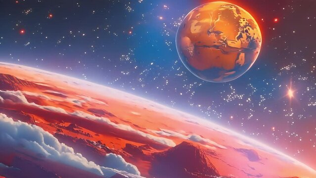 Vibrant sci-fi landscape with two alien planets close in orbit, one with red terrain under a starry sky.