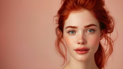 Fototapeta premium The high-quality image, reflecting the care of skin and cosmetics, presents a portrait of a red-haired model with a bright smile, which conveys an atmosphere of freshness and well-being.