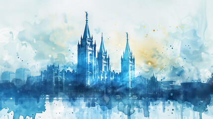 Watercolor illustration of a mormon temple. Painting of the Latter Day Saint church. 