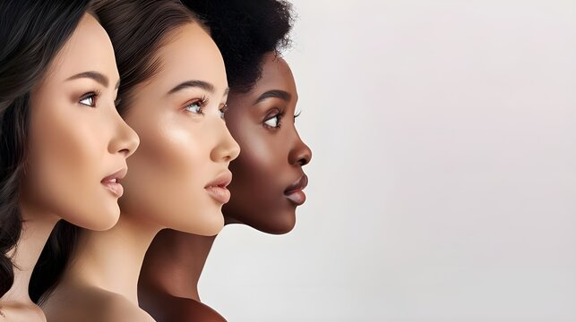 The image shows a portrait of three beautiful women of different races, who symbolize natural beauty and confidence, ideal for the presentation of skin care products and cosmetics.