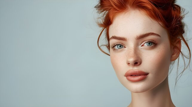 The amazing image, corresponding to the concept of skin care and the use of cosmetics, presents a portrait of a happy red-haired model girl, which conveys an atmosphere of freshness and optimism.