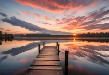 Rolgordijnen A tranquil sunrise casting warm hues across the sky, reflected on the calm surface of a lake with a jetty extending into the water, creating a picturesque scene of serenity. © Ghulam