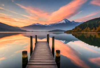 Peel and stick wall murals Reflection A tranquil sunrise casting warm hues across the sky, reflected on the calm surface of a lake with a jetty extending into the water, creating a picturesque scene of serenity.