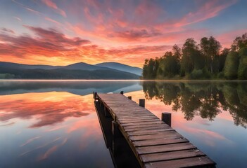 A tranquil sunrise casting warm hues across the sky, reflected on the calm surface of a lake with a jetty extending into the water, creating a picturesque scene of serenity.