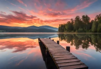 Foto auf Acrylglas A tranquil sunrise casting warm hues across the sky, reflected on the calm surface of a lake with a jetty extending into the water, creating a picturesque scene of serenity. © Ghulam