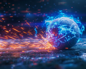 Electric Soccer Ball, shiny texture, ready to be kicked across a futuristic neon-lit stadium, creating sparks as it moves