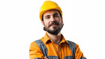 Portrait of a worker with tools, hard hat, and determination on white