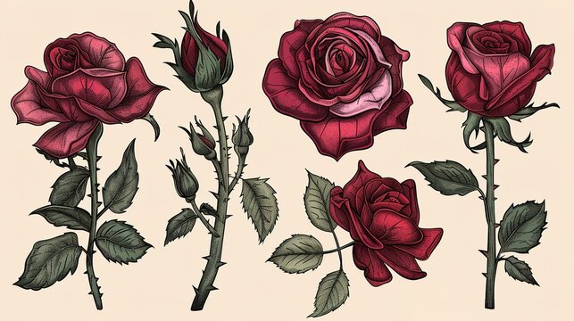 rose flower set for invitaion, card and fabric design,Generative ai, 