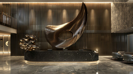 A striking sculpture or art installation as a focal point in the hotel's reception space.