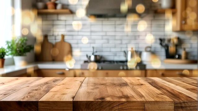 Empty Beautiful wood table top and blur bokeh modern kitchen interior background in clean and bright  Ready for product montage