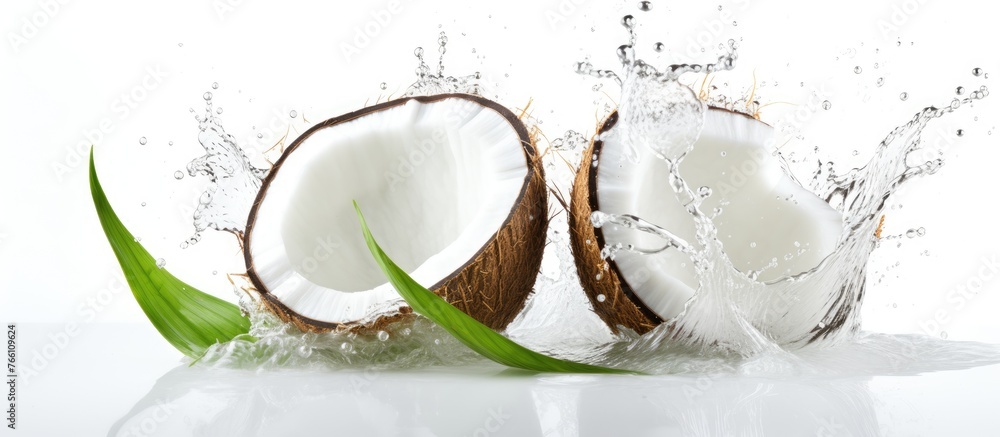 Poster two coconuts are being refreshed with water, creating a striking artistic scene on a clean white sur