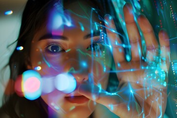 A woman touching a holographic screen - obrazy, fototapety, plakaty