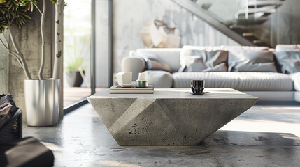 Concrete side table, adding an industrial touch, in a modern urban loft.