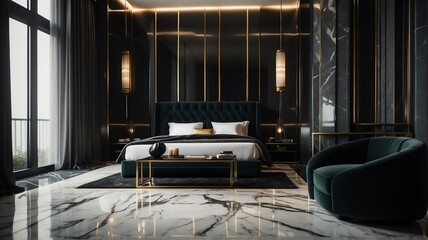 Black themed hotel bedroom with bed and sofa chair and luxury carpet on a polished marble floor minimalist from Generative AI - obrazy, fototapety, plakaty