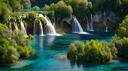 Exotic waterfall and lake landscape of Plitvice Lakes National Park, UNESCO natural world heritage and famous travel destination of Croatia. The lakes are located in central Croatia  .Generative AI