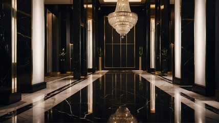 Black themed hotel walkway with luxury carpet with stunning chandelier and polished marble floor from Generative AI - obrazy, fototapety, plakaty