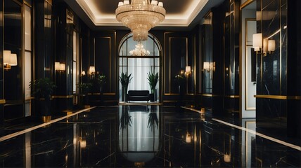 Black themed hotel walkway with luxury carpet with stunning chandelier and polished marble floor from Generative AI - obrazy, fototapety, plakaty
