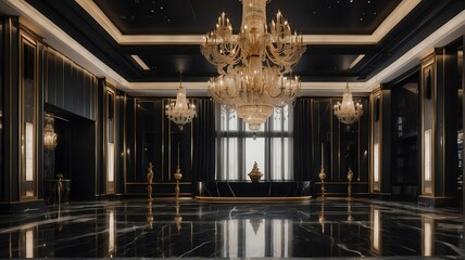 Black themed luxury grand ballroom hall with stunning chandelier and polished marble floor from Generative AI - obrazy, fototapety, plakaty