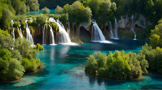 Exotic waterfall and lake landscape of Plitvice Lakes National Park, UNESCO natural world heritage and famous travel destination of Croatia. The lakes are located in central Croatia  .Generative AI