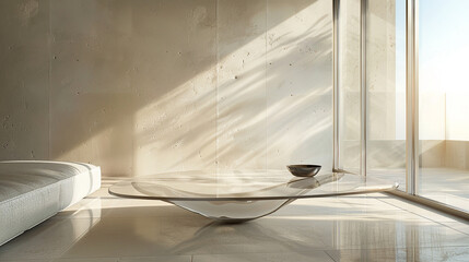 Floating glass side table, seemingly weightless, in a contemporary interior. - obrazy, fototapety, plakaty
