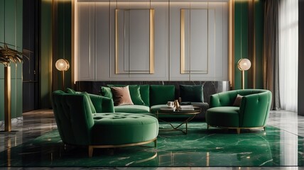 Green themed hotel bedroom with bed and sofa chair and luxury carpet on a polished marble floor minimalist from Generative AI
