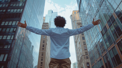 A person with curly hair is seen from behind with arms outstretched, embracing the urban cityscape of tall buildings under a clear sky.