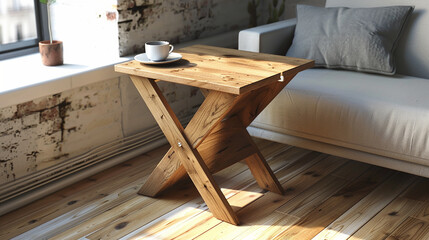 Foldable wooden side table, maximizing space in a compact living area. - obrazy, fototapety, plakaty