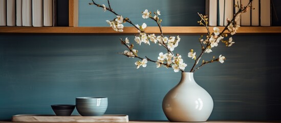 A light wood table with a vase filled with flowers is placed next to a bookshelf, enhancing the interior design of the room with a touch of nature and elegance