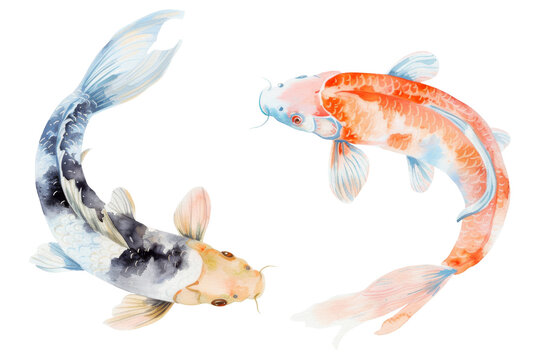Abstract colorful art watercolor painting two koi fish, Carp, Good luck, for clipart, isolated on transparent background, with clipping path. Png file