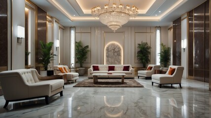 White themed hotel waiting area with sofa chairs and luxury carpet on a polished marble floor from Generative AI - obrazy, fototapety, plakaty