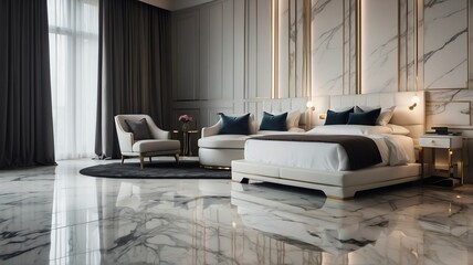 White themed hotel bedroom with bed and sofa chair and luxury carpet on a polished marble floor minimalist from Generative AI